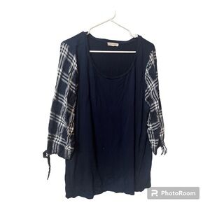 Retrology Plaid Tie Sleeve Plus Size Blouse Top